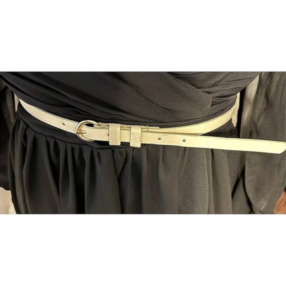 Womens‎ Skinny Cream Faux Leather Belt Gold Round Buckle Off White Cinch Belt